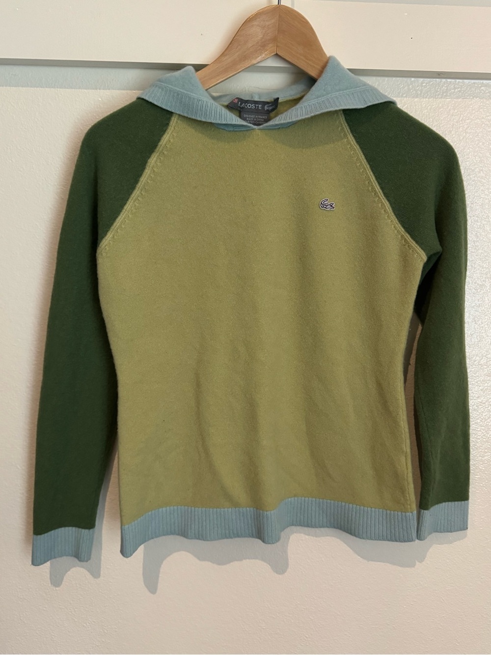 Lacoste Kids 100% Cashmere Colorblock Sweater Youth XL 16 Green Blue Crocodile - Picture 2 of 9